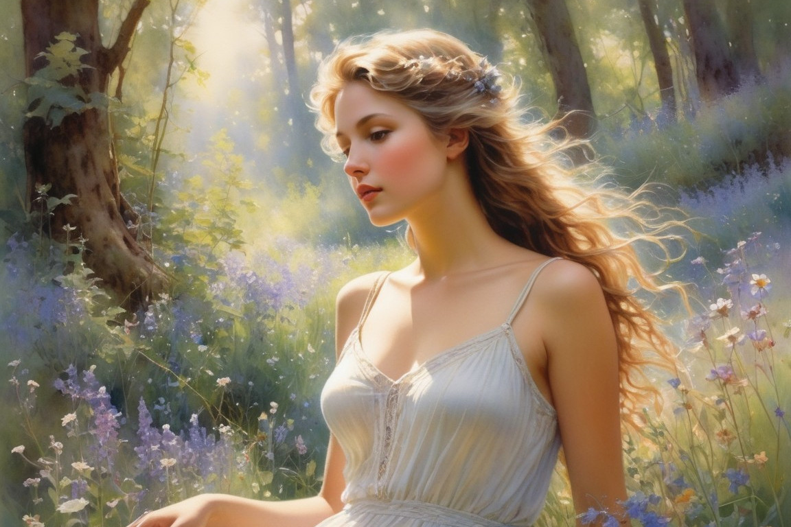 Dreamlike portrait of a woman in white dress with flowers