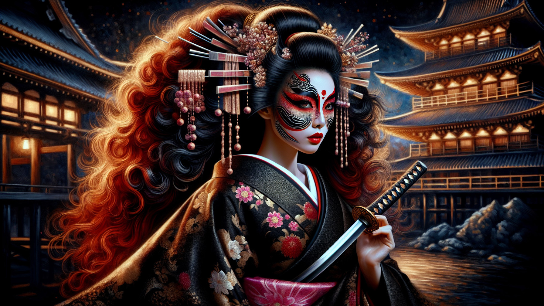 Traditional Japanese Woman in Ornate Kimono and Katana