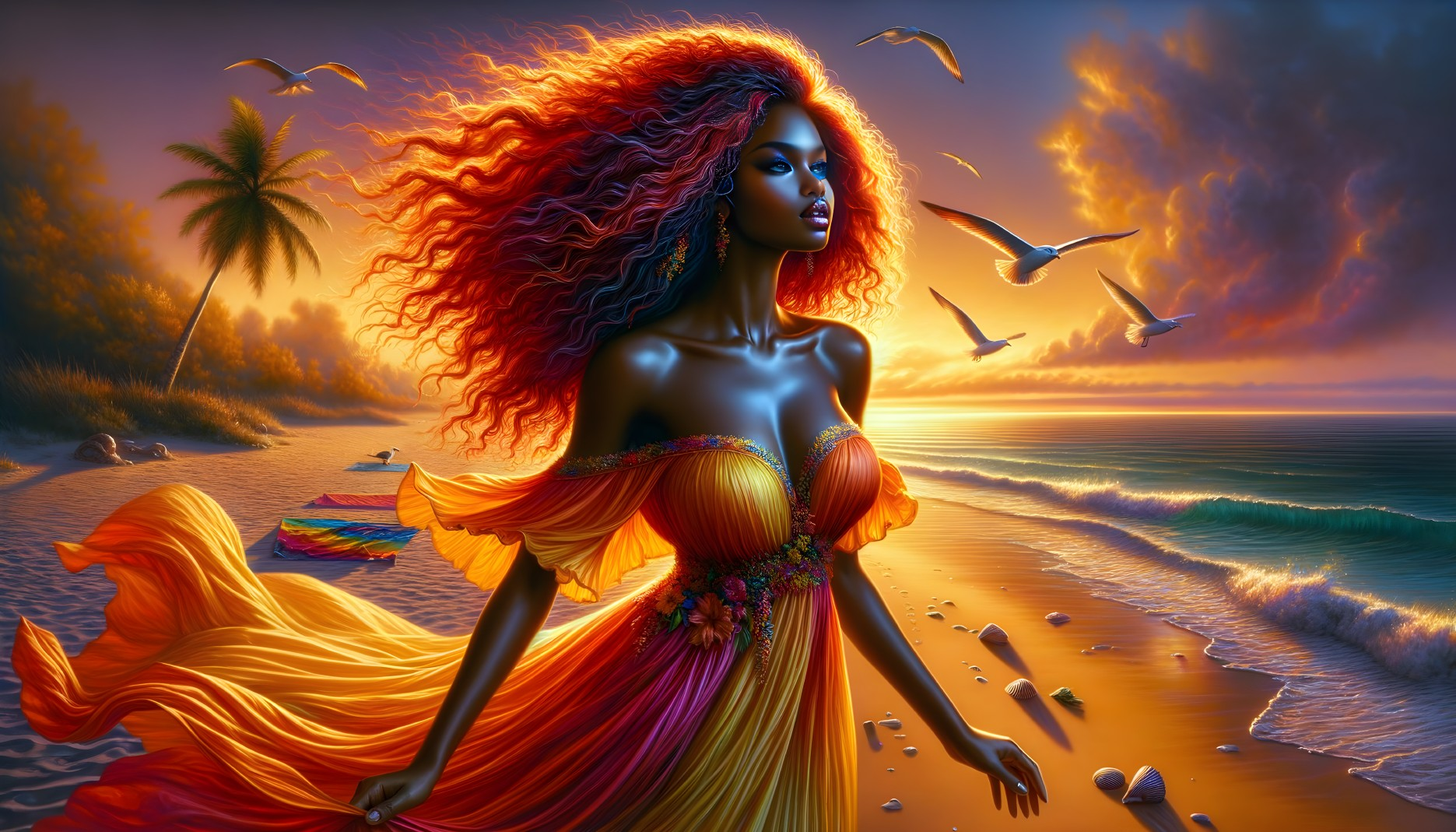 Vibrant Woman in Colorful Dress at Sunset Beach