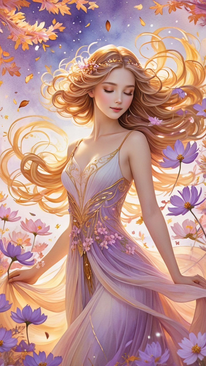 Serene figure with golden hair in floral setting