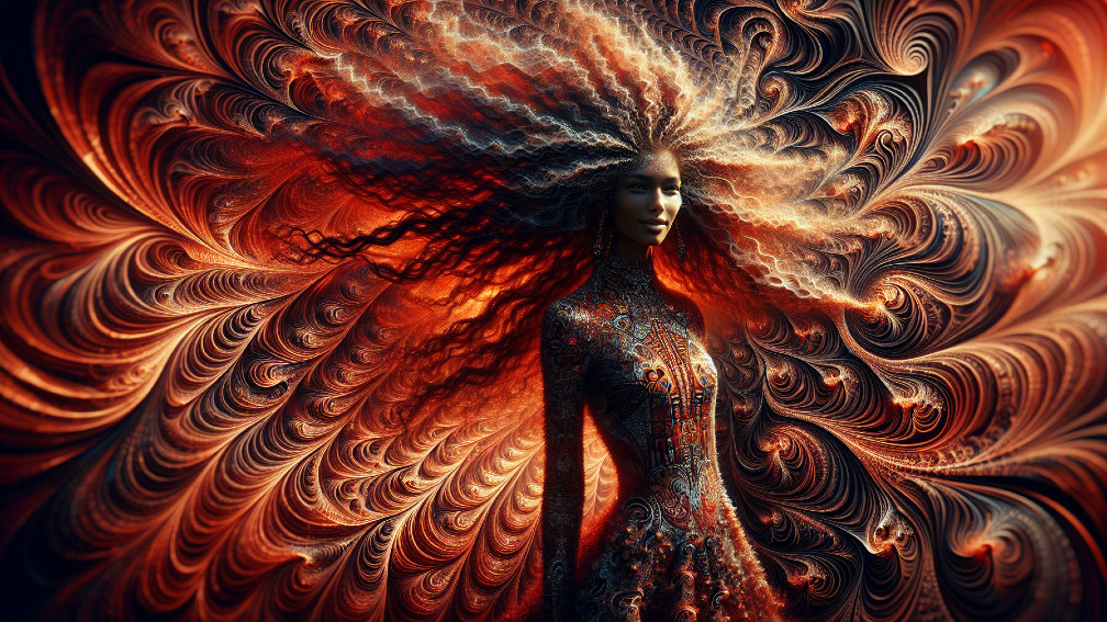Vibrant Fractal Patterns with Flowing Hair and Dress