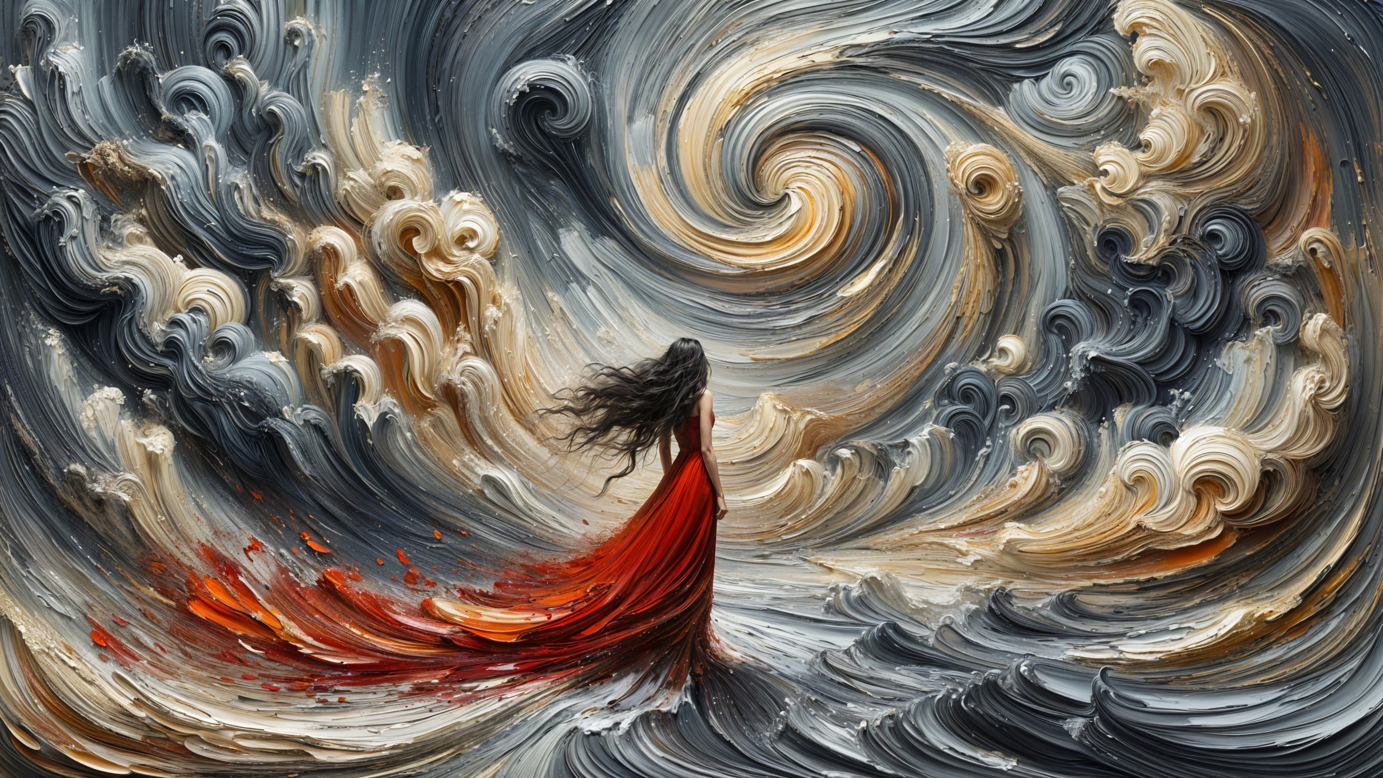 Woman in Red Dress Amidst Stormy Clouds and Waves