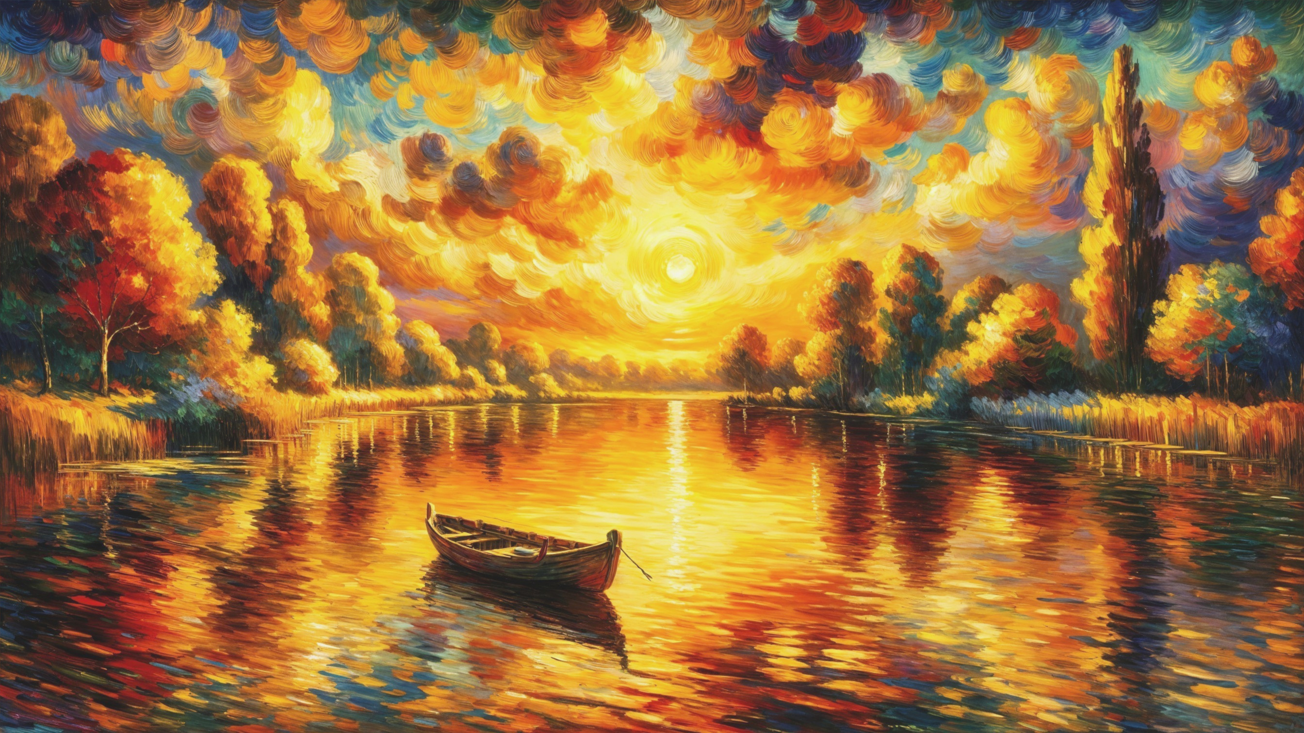 Impressionistic River Sunset with Silhouetted Trees