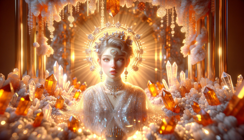 Serene figure in shimmering attire within ethereal setting