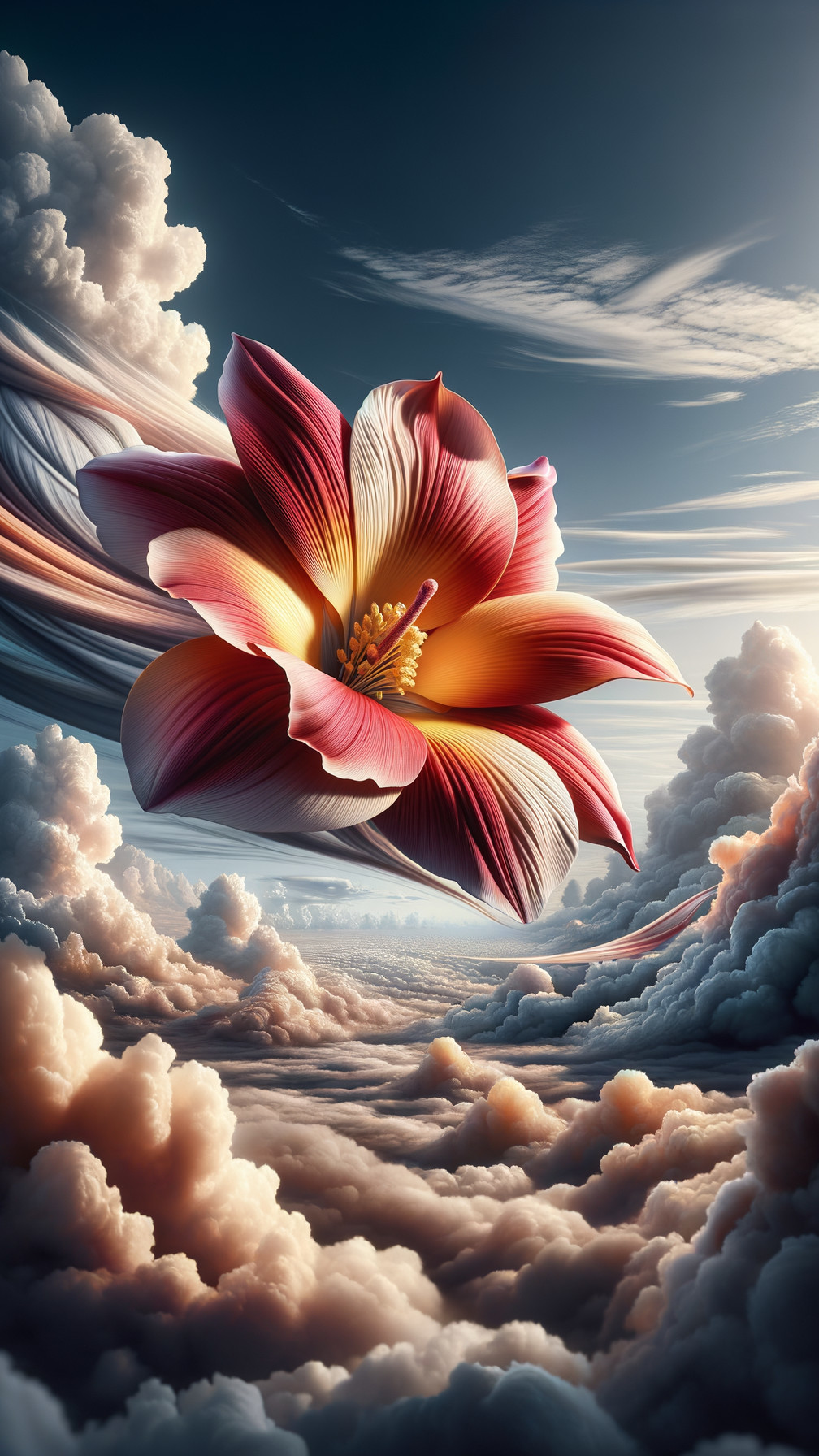 Large flower with pink and orange petals in sky