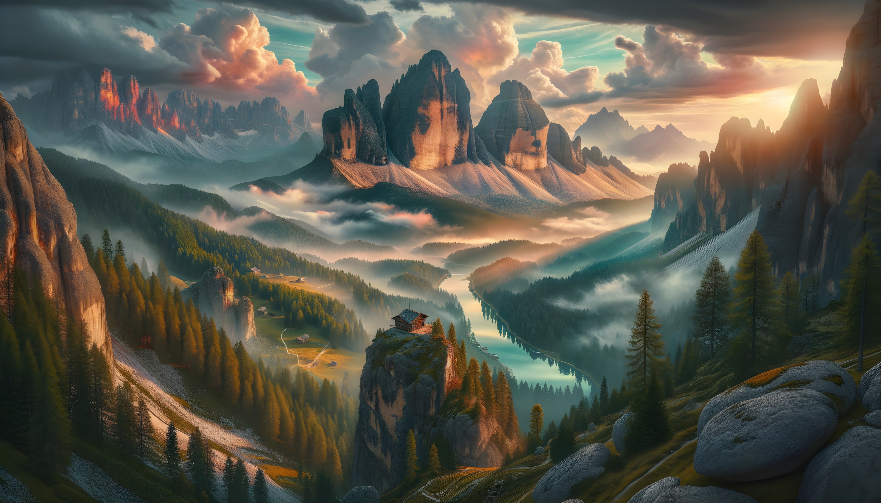 Mountain Landscape with Cabin and Winding Rivers