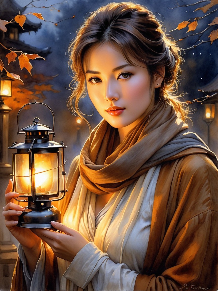 Young woman with lantern in serene twilight setting