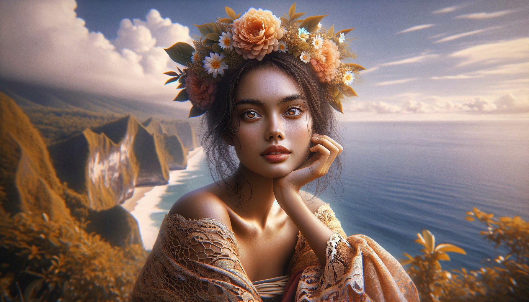 Portrait of a Young Woman in Floral Crown by Ocean