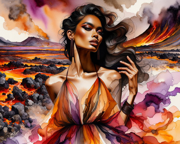 Vibrant Figure in Dramatic Lava Landscape