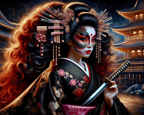 Traditional Japanese Woman in Ornate Kimono and Katana