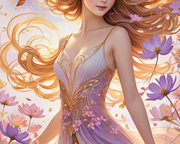 Serene figure with golden hair in floral setting