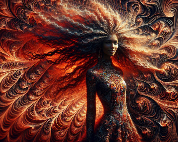 Vibrant Fractal Patterns with Flowing Hair and Dress