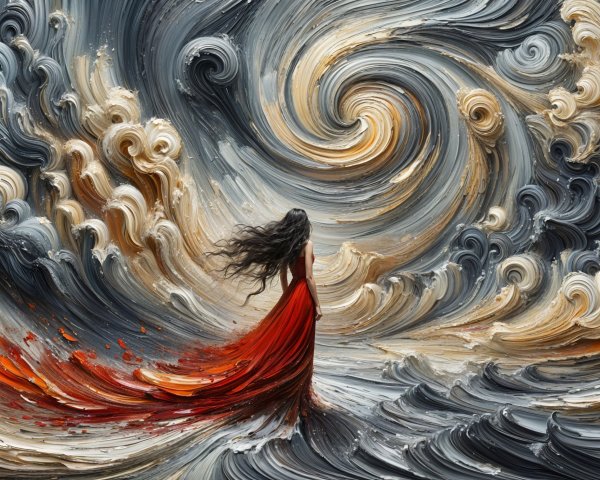 Woman in Red Dress Amidst Stormy Clouds and Waves