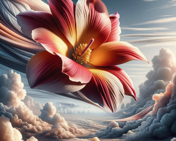Large flower with pink and orange petals in sky