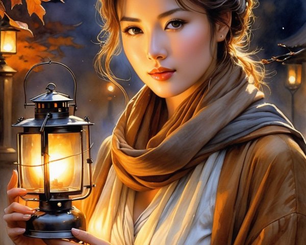 Young woman with lantern in serene twilight setting