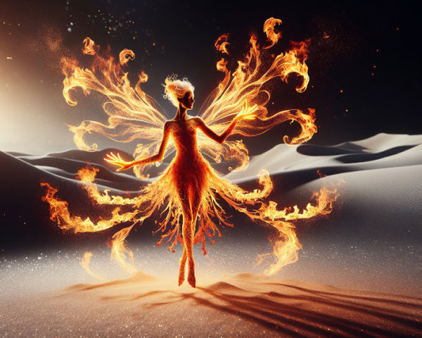 Mystical figure with fiery wings in desert landscape
