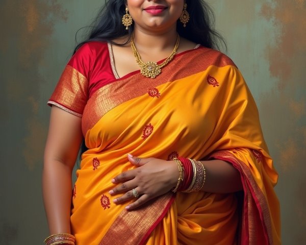 Woman in Yellow Saree with Red Embroidery and Jewelry