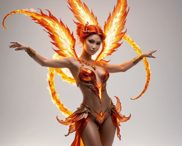 Fantasy figure with vibrant flame-themed wings