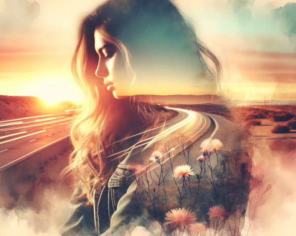 Silhouette of a Woman at Sunset with Flowers