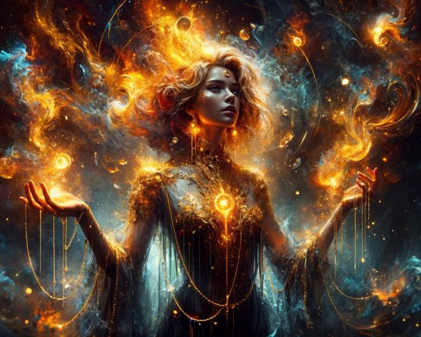 Mystical figure in ethereal space with cosmic elements