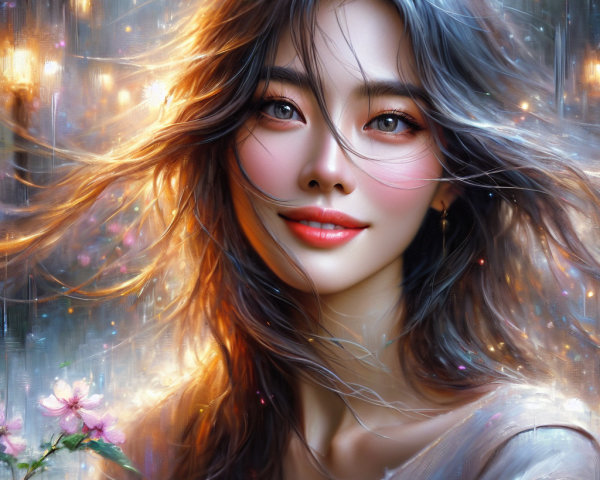Portrait of a Young Woman with Flowing Hair and Flowers