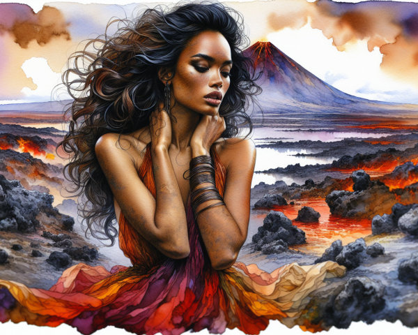 Woman in Flowing Dress Against Volcano Landscape