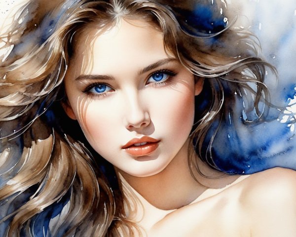 Watercolor Portrait of Young Woman with Blonde Hair