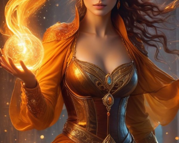 Powerful Sorceress in Golden Gown with Fire Orb