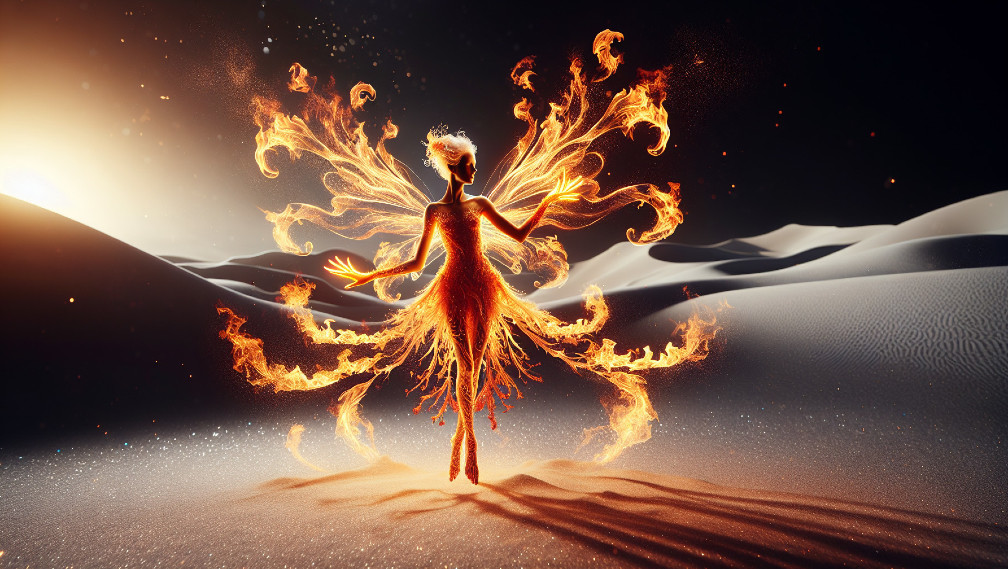 Mystical figure with fiery wings in desert landscape