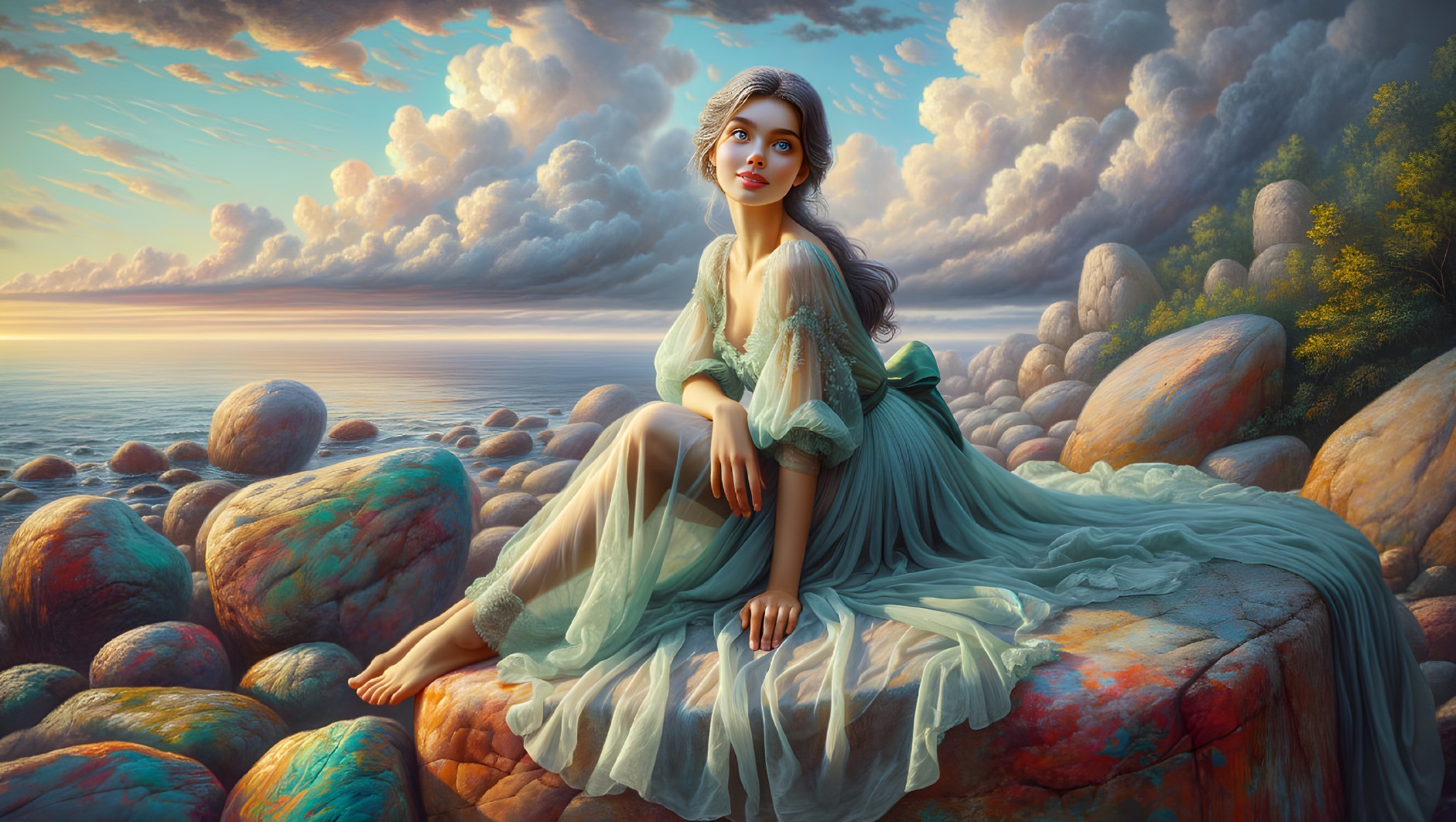 Serene Woman in Ethereal Gown by Tranquil Shoreline