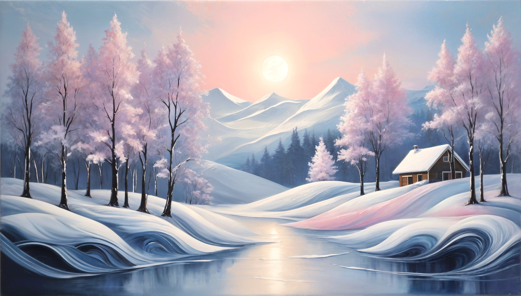 Winter Landscape with Cabin and Snow-Covered Hills