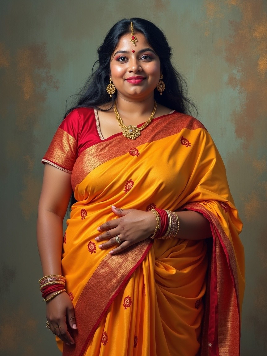 Woman in Yellow Saree with Red Embroidery and Jewelry