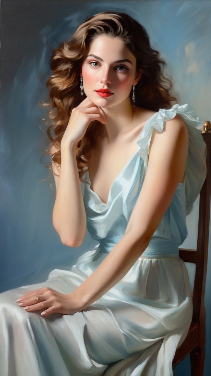 Young Woman in Elegant Light Blue Garment with Waves