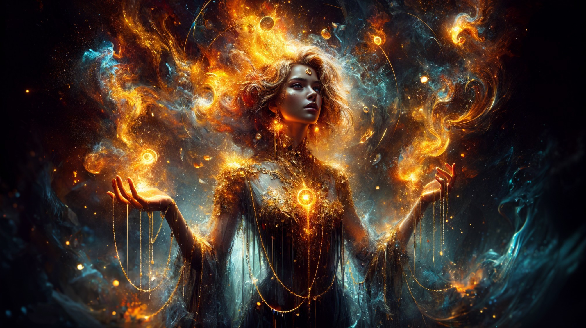 Mystical figure in ethereal space with cosmic elements