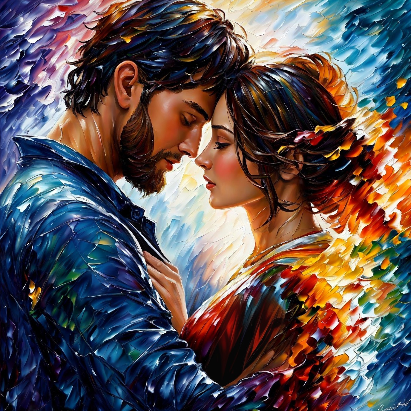 Intimate Connection Between Two Figures in Vibrant Colors