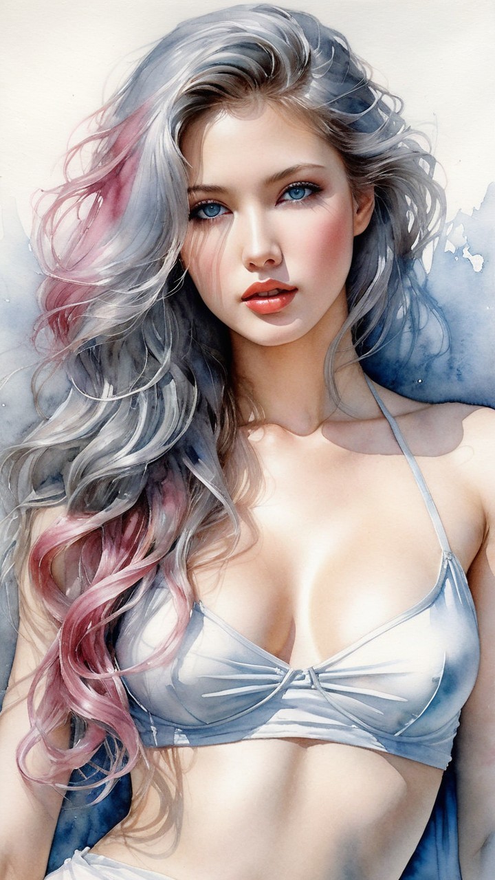 Watercolor Portrait of a Young Woman with Silver Hair