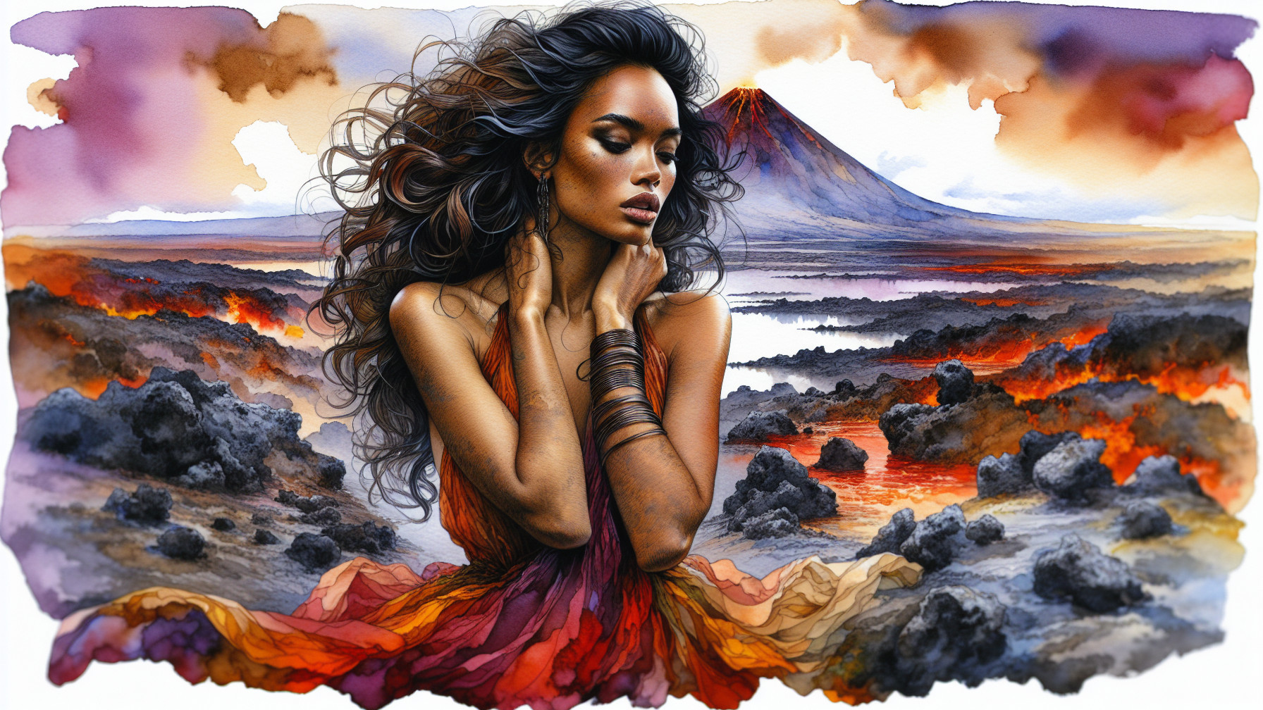 Woman in Flowing Dress Against Volcano Landscape
