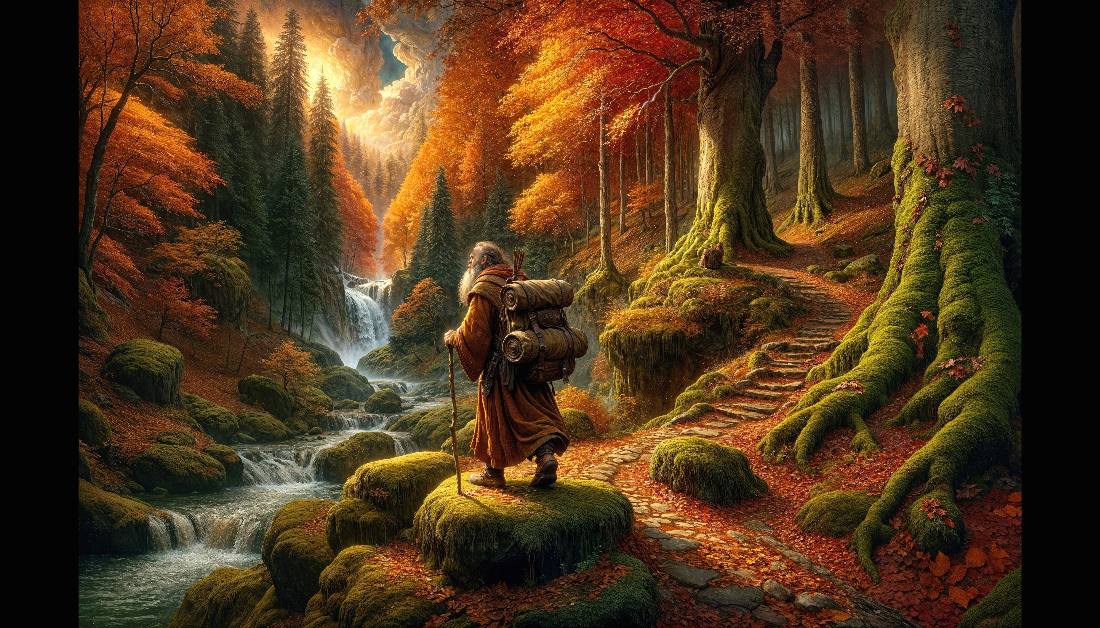 Autumn Forest Scene with Waterfall and Vibrant Foliage