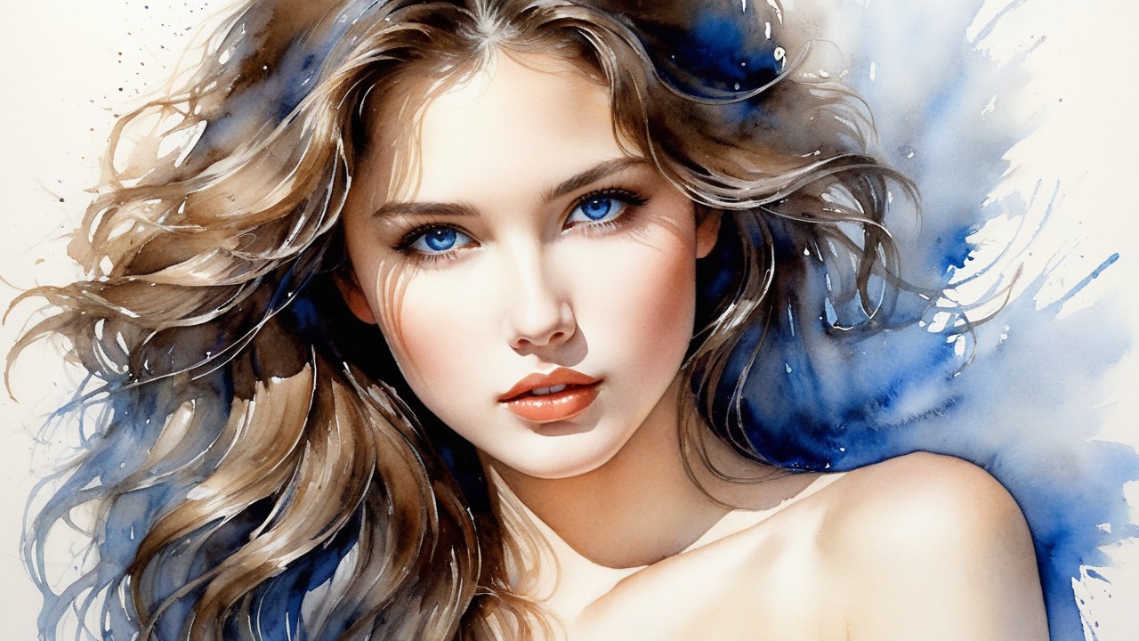 Watercolor Portrait of Young Woman with Blonde Hair