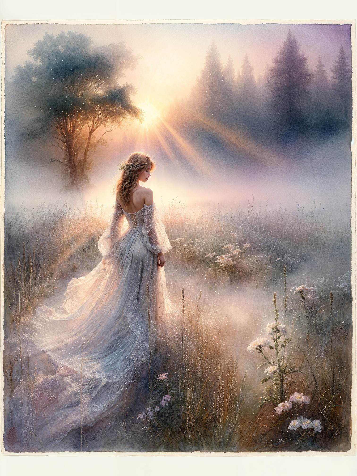 Woman in ethereal gown in misty meadow scene