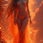 Woman in orange dress walking through desert landscape