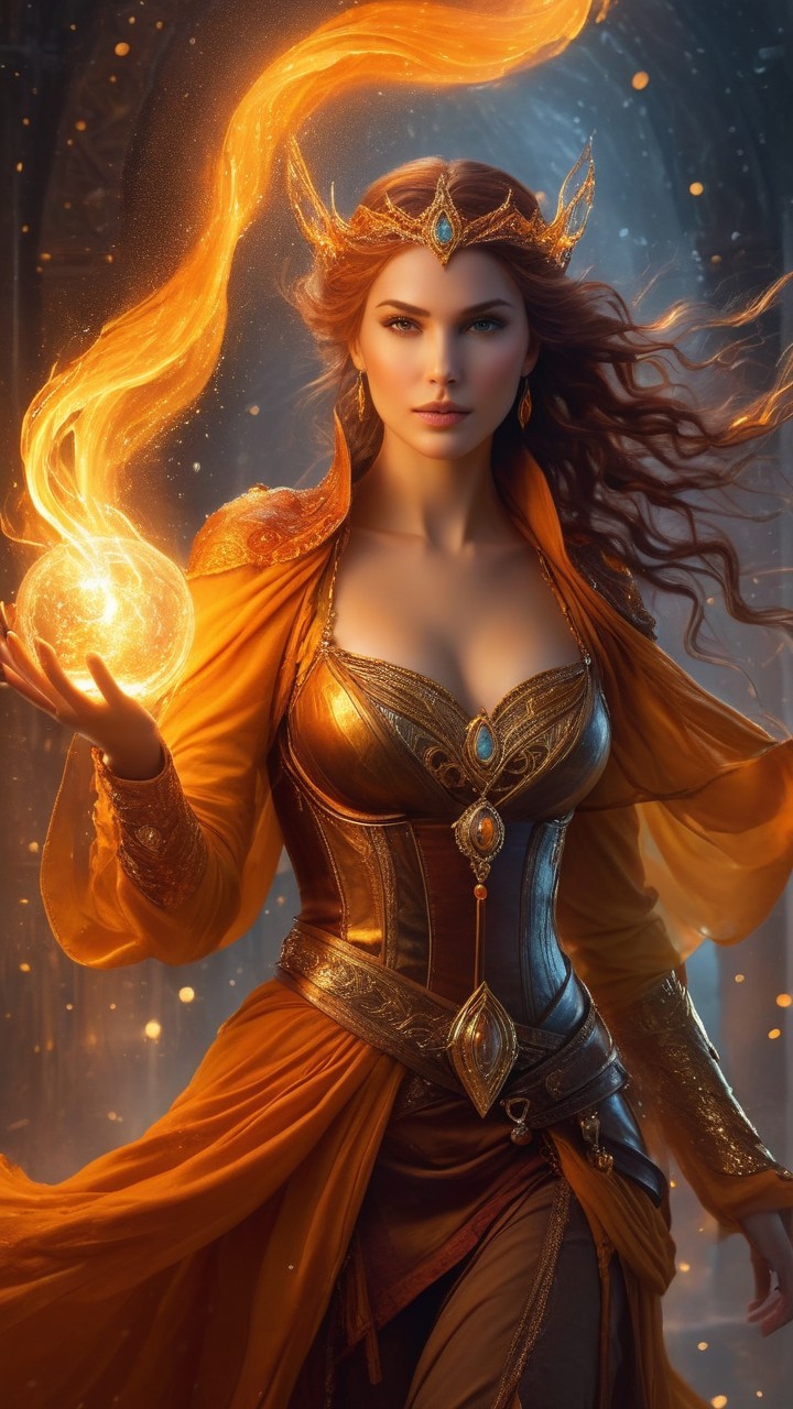 Powerful Sorceress in Golden Gown with Fire Orb