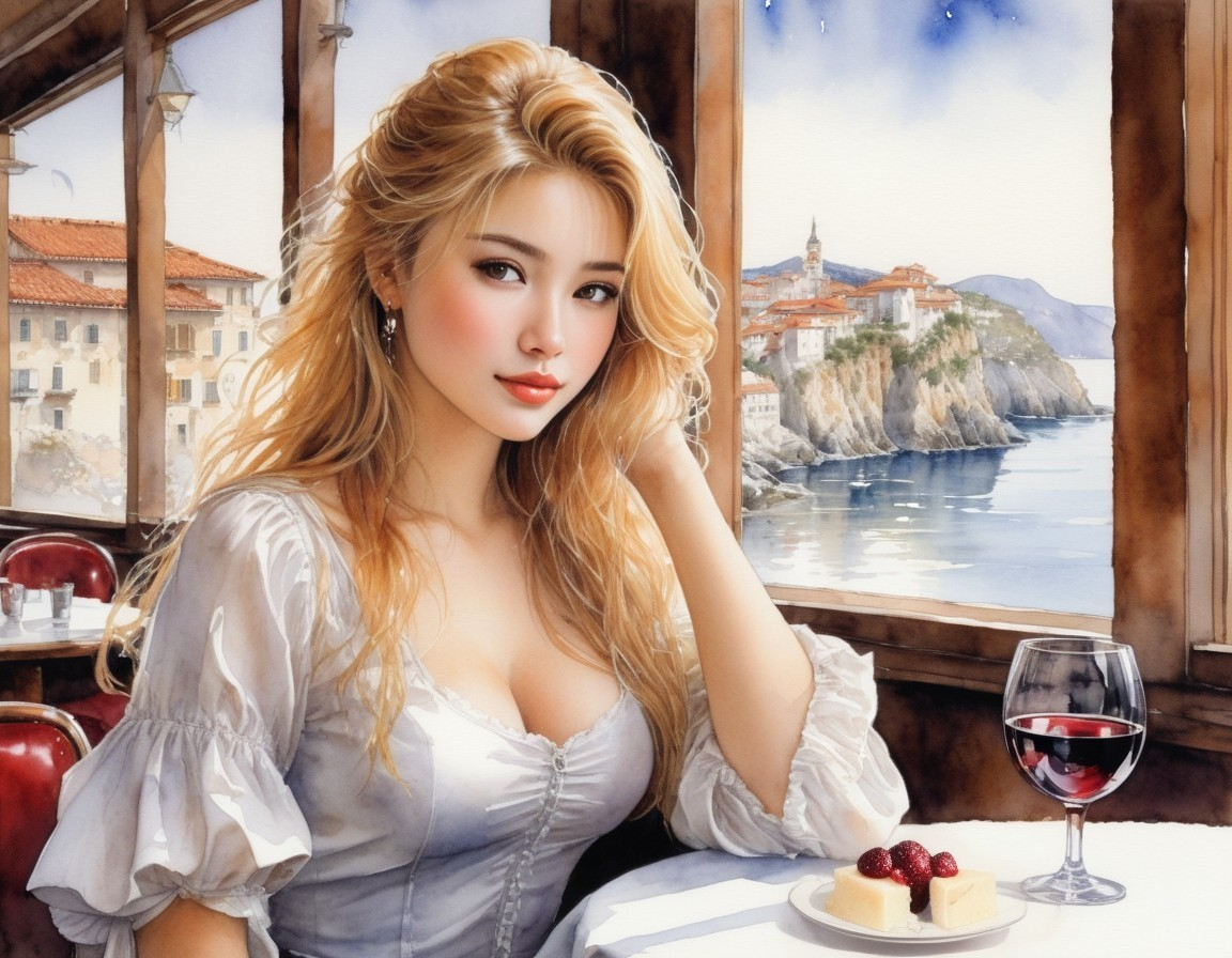 Young Woman by Window with Coastal View and Wine