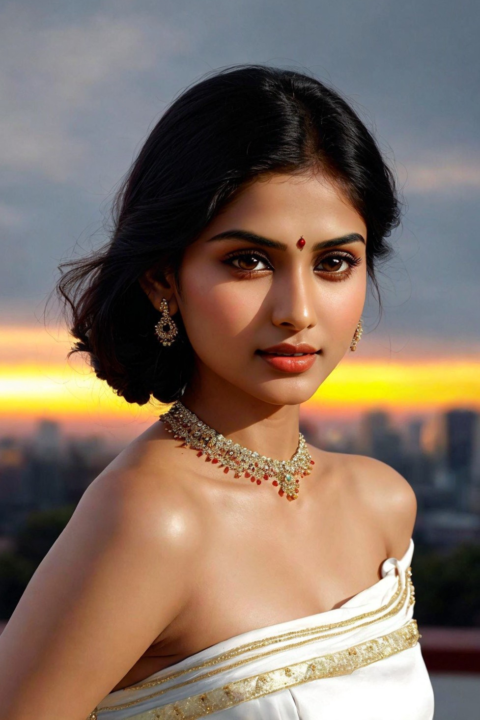 Woman in white saree with sunset backdrop and jewelry