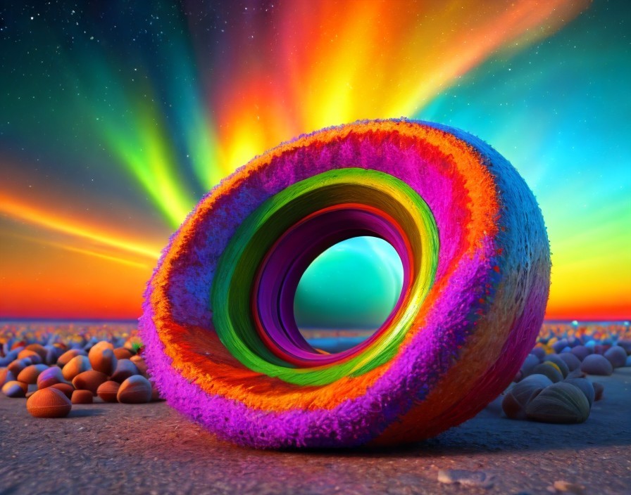 Colorful Spiral Tunnel on Beach with Aurora Sky