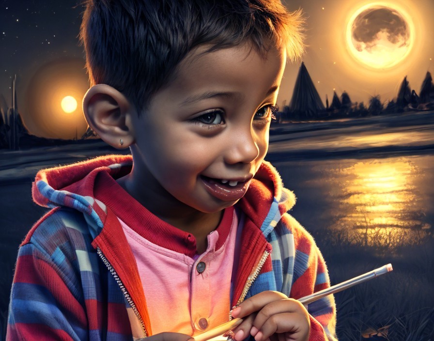 Young Child with Straw Against Surreal Sunset Scene