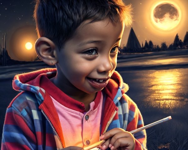 Young Child with Straw Against Surreal Sunset Scene