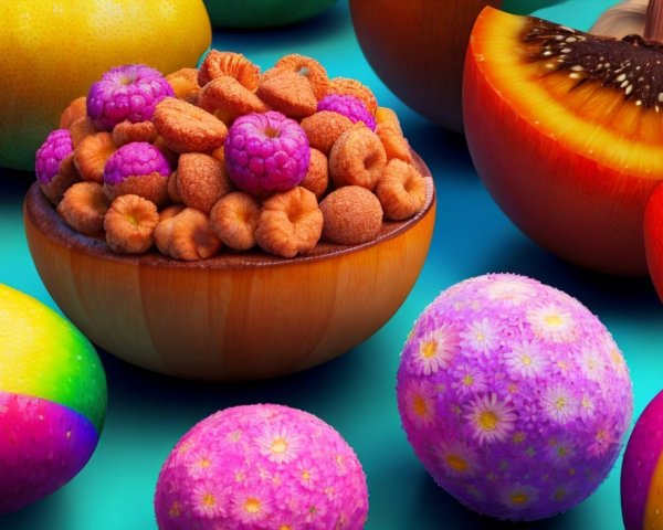 Wooden Bowl of Nuts and Raspberries on Blue Background