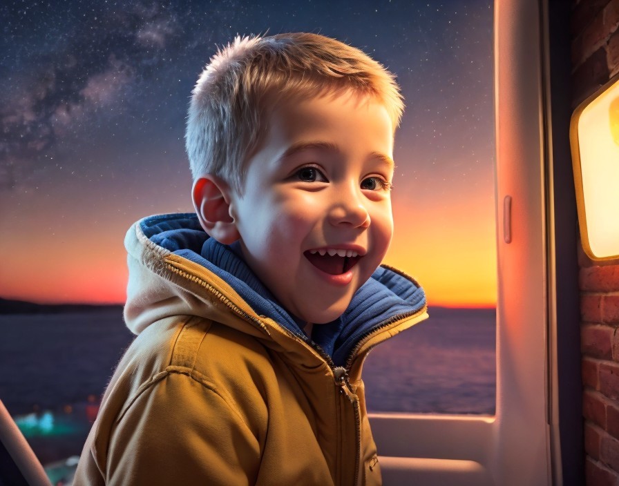 Young Boy in Yellow Hoodie Watching Sunset by Ocean