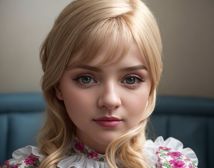 Young girl in floral dress with soft expression